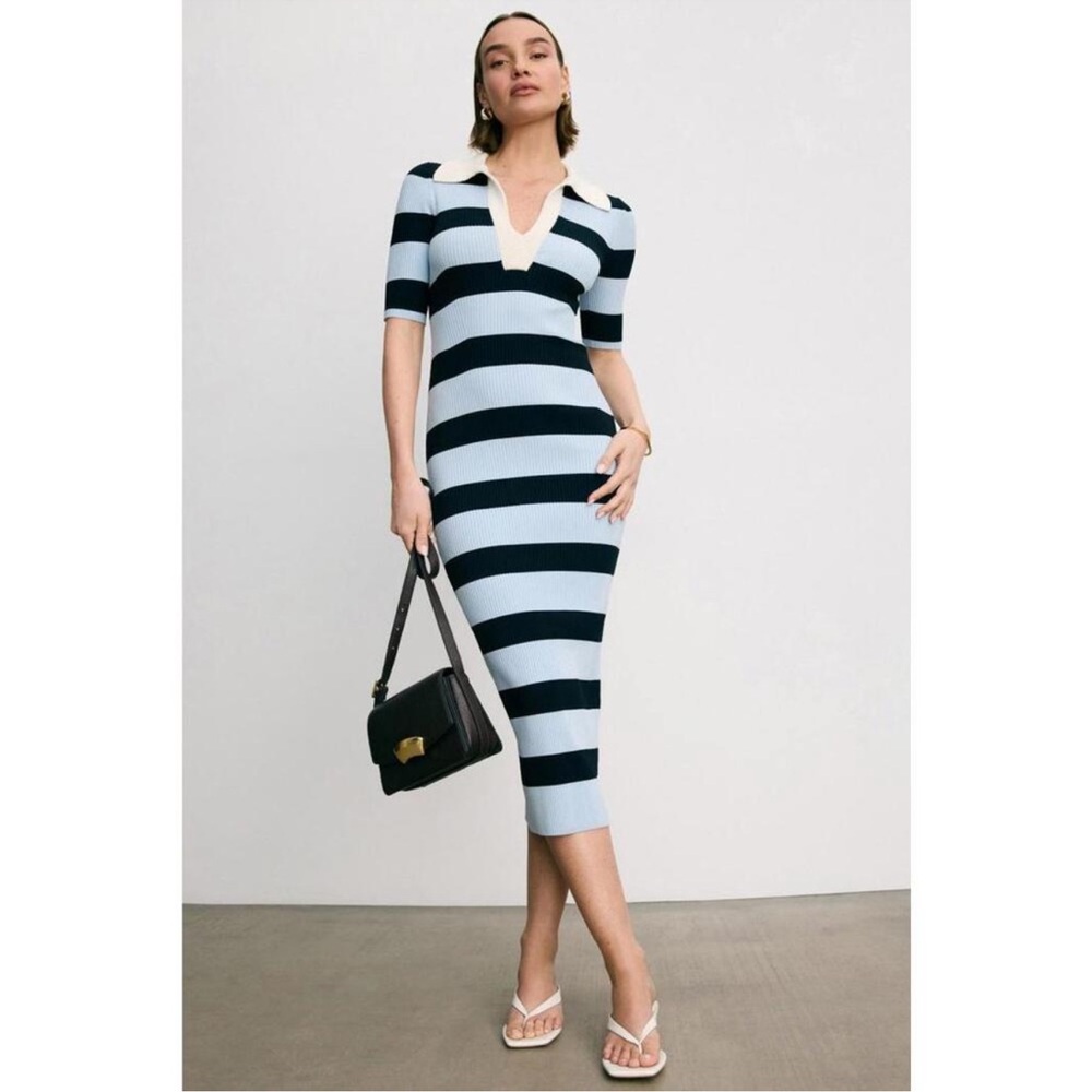 A.L.C. Striped Midi Dress in Light Blue and Black with Ivory Collar